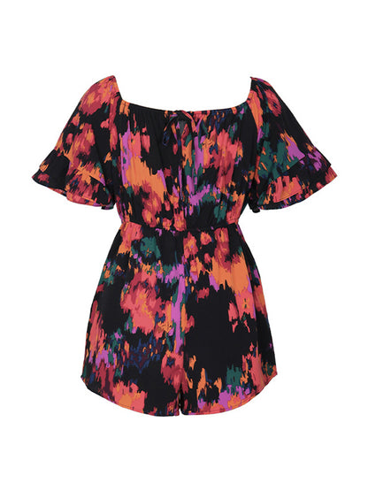 Flared Sleeves Half Sleeves Drawstring Elasticity Pockets Printed Split-Joint Off-The-Shoulder Rompers