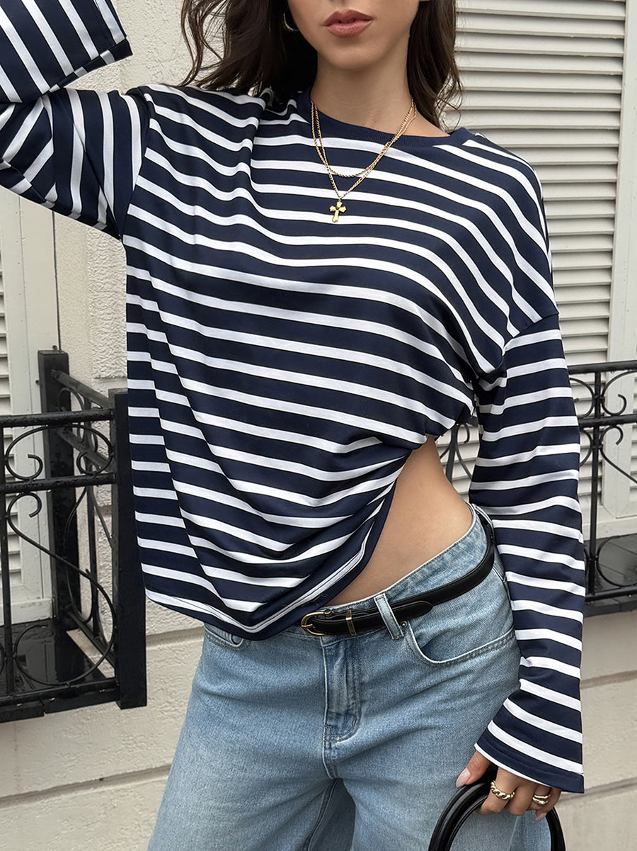 Striped Long Sleeves Bloomers Round-neck Sweatshirt Tops