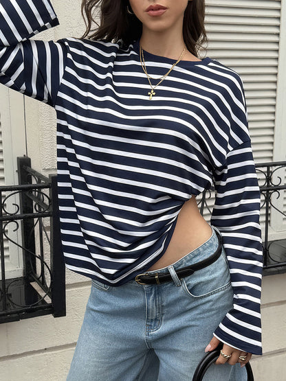 Striped Long Sleeves Bloomers Round-neck Sweatshirt Tops