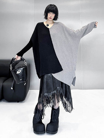 Batwing Sleeves Irregularity Asymmetric Contrast Color Split-Joint Textured V-Neck Sweater Tops