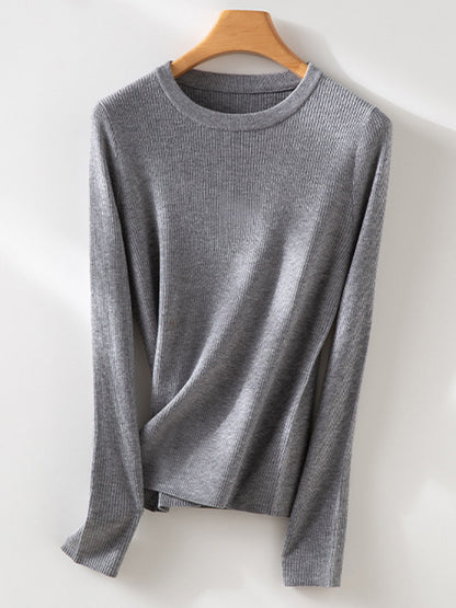 Long Sleeves Skinny Solid Color Round-Neck Knitwear Pullovers Sweater Tops