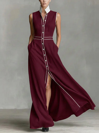 A-Line High Waisted Buttoned Contrast Color Pockets Split-Joint Lapel Maxi Dresses