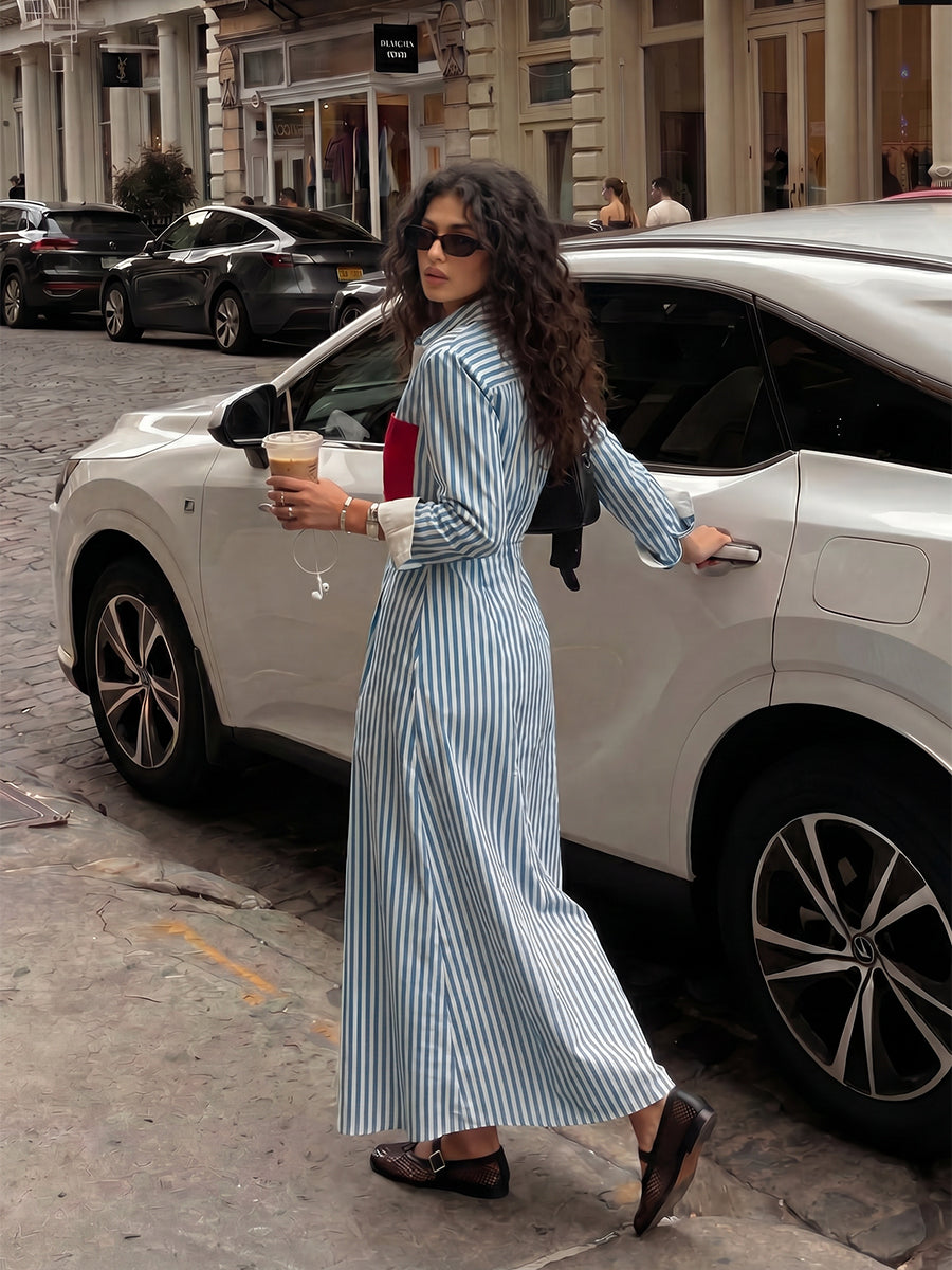Striped Split-Joint Pockets Contrast Color Buttoned Long Sleeves High Waisted Lapel Midi Dresses