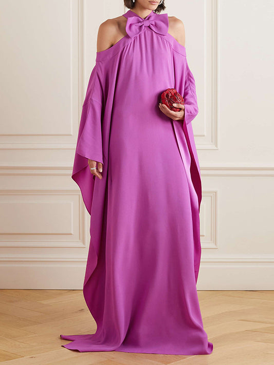 Batwing Sleeves Loose Bow-Embellished Hollow Solid Color Cold Shoulder Maxi Dresses