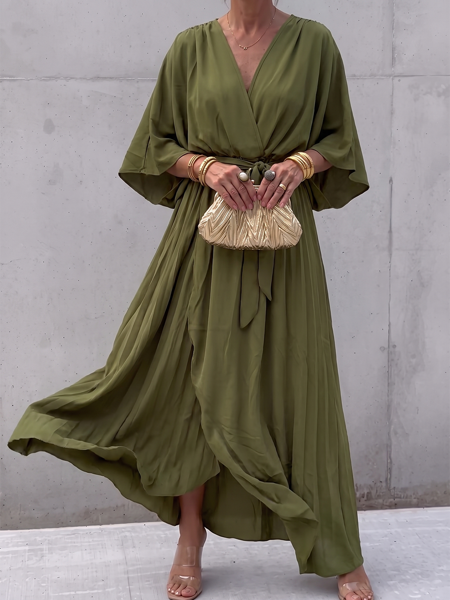 Tied Solid Color See-Through Pleated Asymmetric Plus Size Long Sleeves V-neck Maxi Dresses