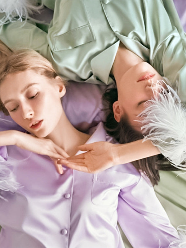 Long Sleeves Buttoned Feathers Split-Joint Notched Collar Shirts Top + Pants Bottom Pajama Sets