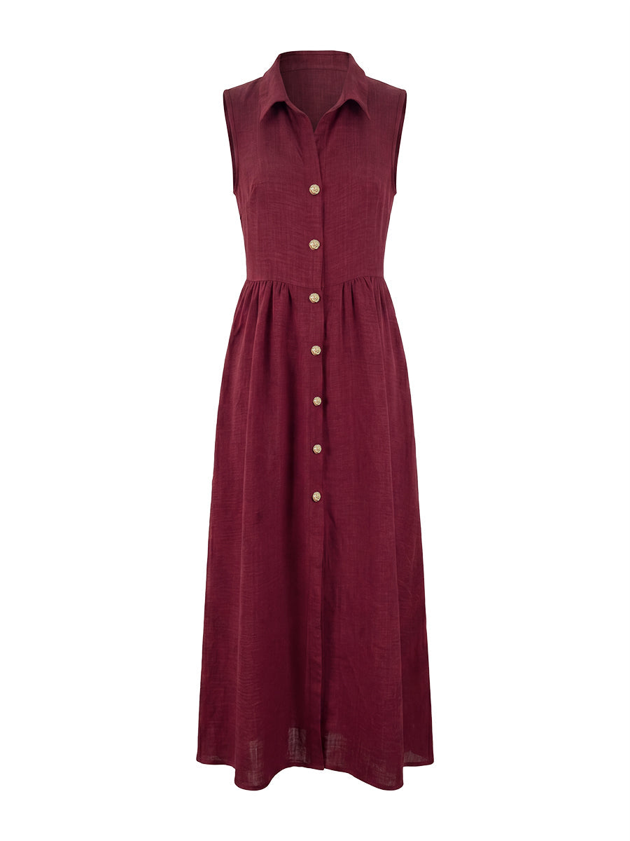 High Waisted Loose Buttoned Pleated Solid Color Lapel Maxi Dresses