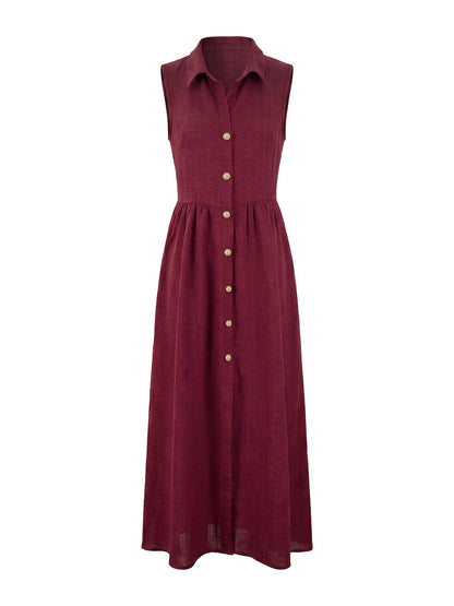 High Waisted Loose Buttoned Pleated Solid Color Lapel Maxi Dresses