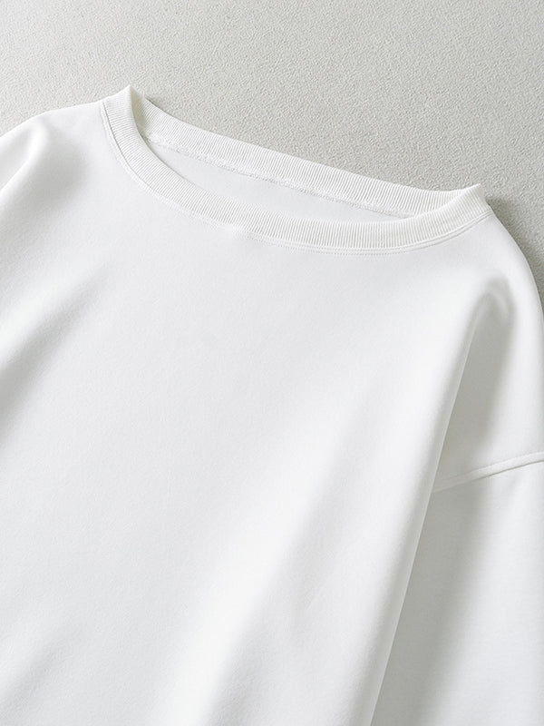 Long Sleeves Loose Solid Color Split-Joint Round-Neck Sweatshirt Tops