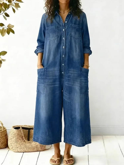 Long Sleeves Loose Buttoned Pockets Solid Color Split-Joint Lapel Jumpsuits