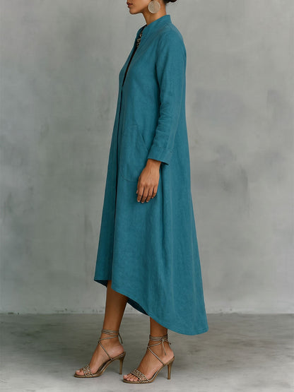 Solid Color Pockets Loose Long Sleeves V-neck Midi Dresses