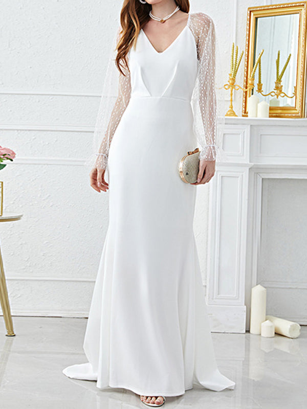 Long Sleeves Mermaid Gauze Split-Joint V-Neck Maxi Dresses