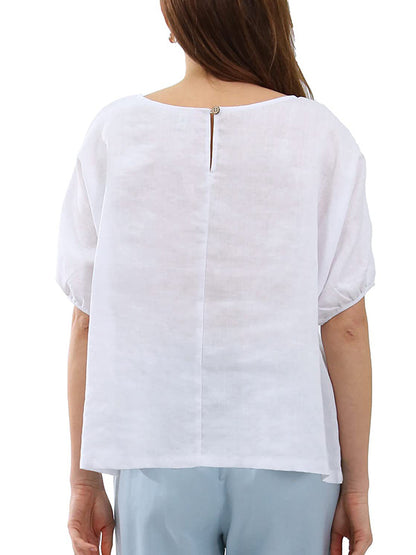 Loose Puff Sleeves Hollow Solid Color Split-Joint Round-Neck T-Shirts