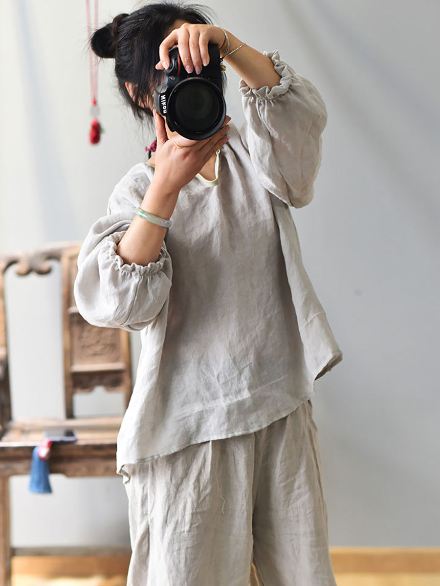 Plus Size Women Spring Retro V-Neck Puff Sleeve Shirt