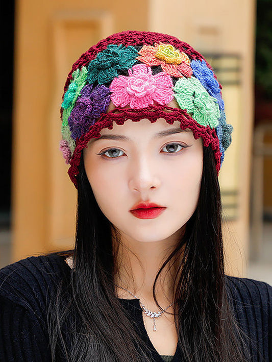 Women Artsy Colorful Flower Knit Hat