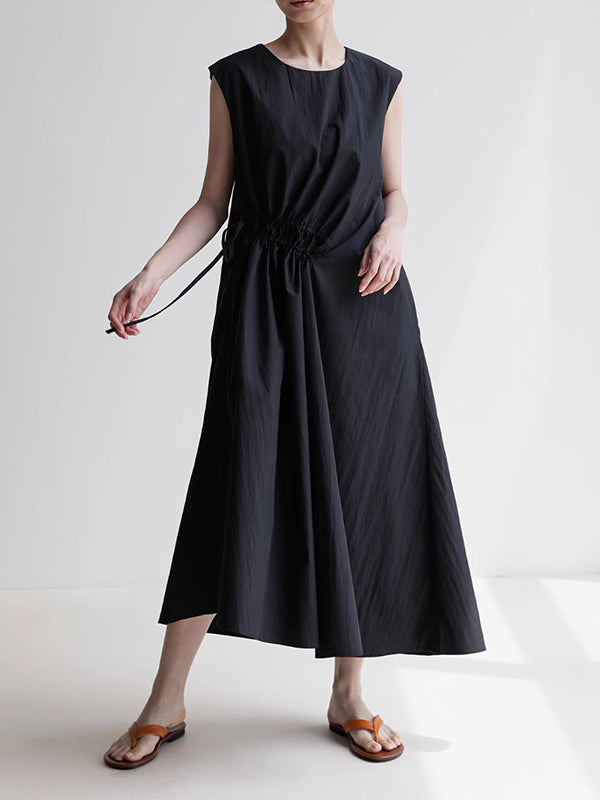 Loose Sleeveless Asymmetric Drawstring Pleated Solid Color Tied Round-Neck Midi Dresses