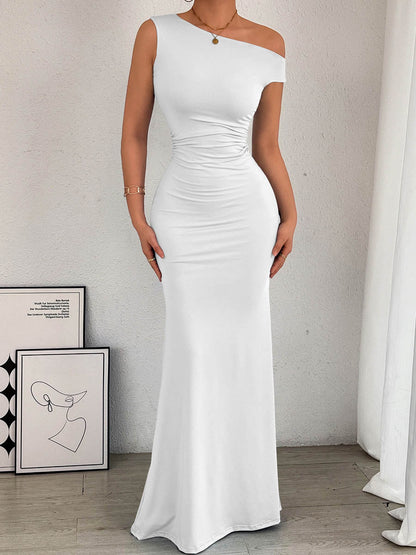 Bodycon High Waisted Asymmetric Pleated Solid Color Split-Side One-Shoulder Maxi Dresses