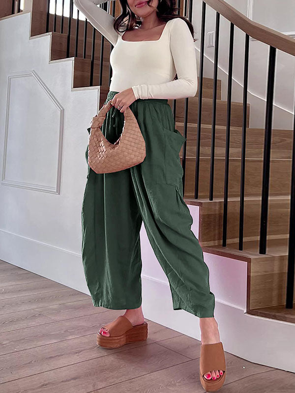 High Waisted Loose Drawstring Elasticity Pleated Pockets Solid Color Ninth Pants Trousers