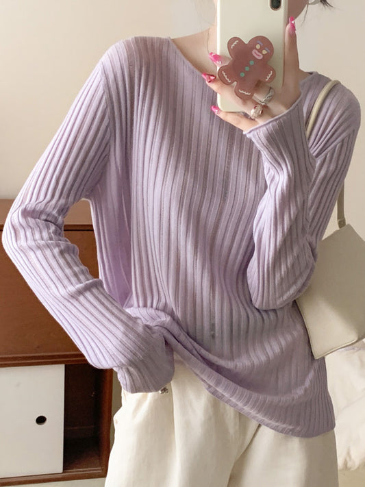 Long Sleeves Loose Solid Color Round-Neck Knitwear Sweater Tops