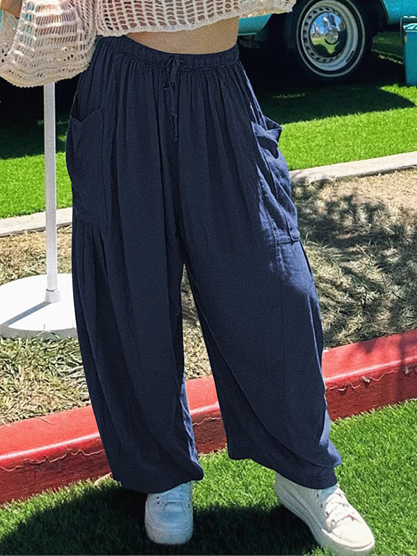 High Waisted Loose Drawstring Elasticity Pleated Pockets Solid Color Ninth Pants Trousers