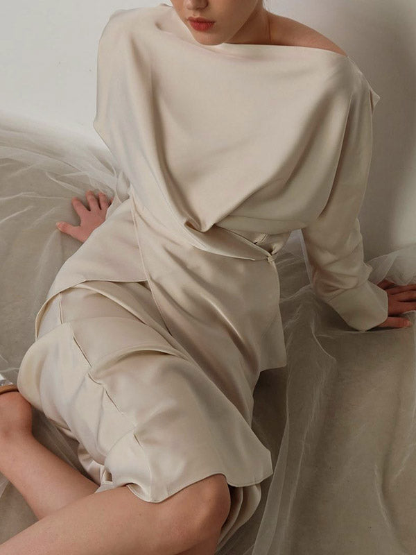 Loose Solid Color Split-Joint Boat Neck Long Sleeves Blouse & Shirt + Skirt Two Pieces Set