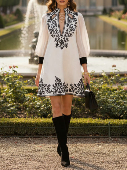 A-Line Long Sleeves Contrast Color Flower Print Hollow Split-Joint Stand Collar Mini Dresses