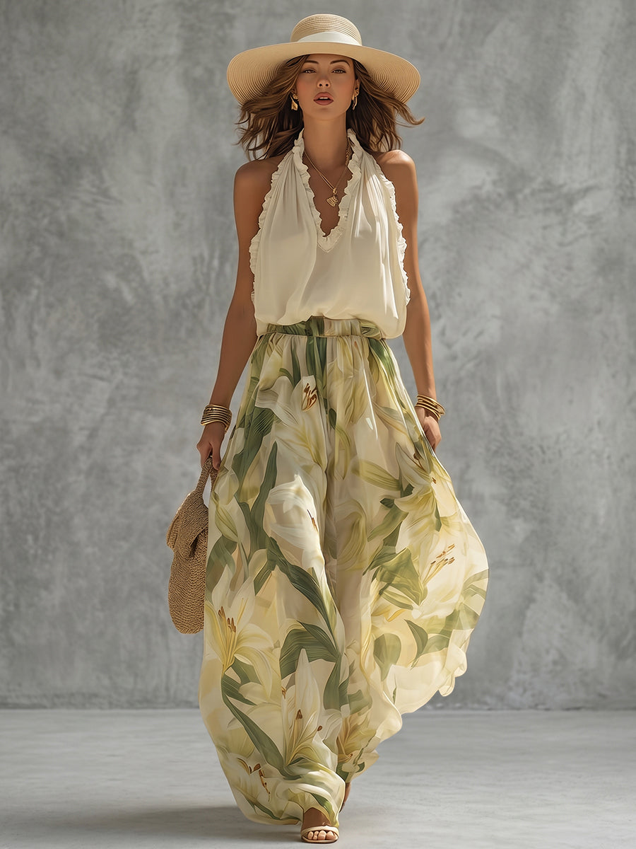 Loose Sleeveless Ruffle Trim Solid Color Halter-Neck Tank Top