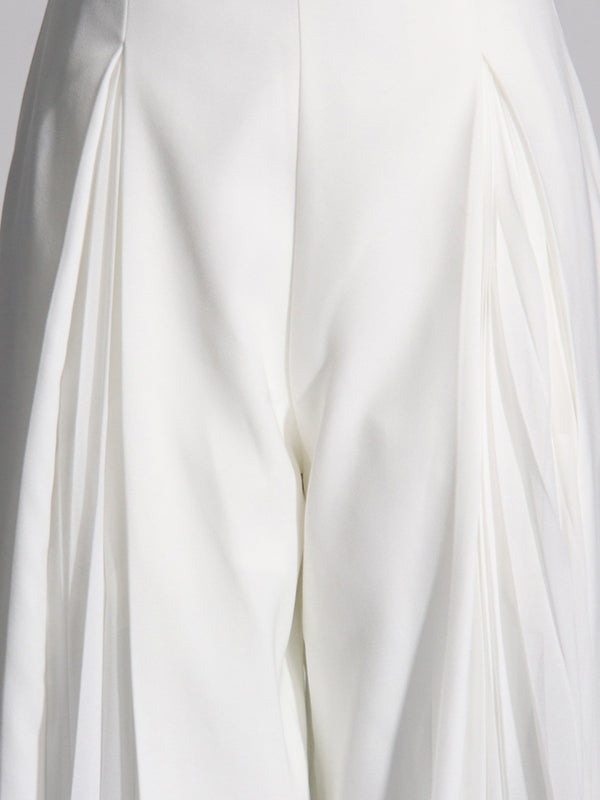 Long Sleeves Buttoned Solid Color Split-Joint Round-Neck Blazers Top + Zipper Wide Leg Mesh Pleated Pants Bottom Two Pieces Set