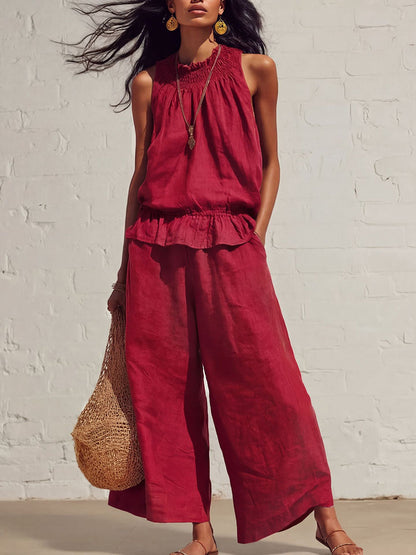 Loose Sleeveless Elasticity Pleated Pockets Solid Color Round-Neck Vest Top + Bottom Pants Two Pieces Set
