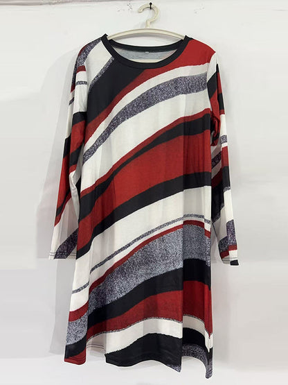 A-Line Irregularity Asymmetric Printed Split-Joint Striped Round-Neck Midi Dresses