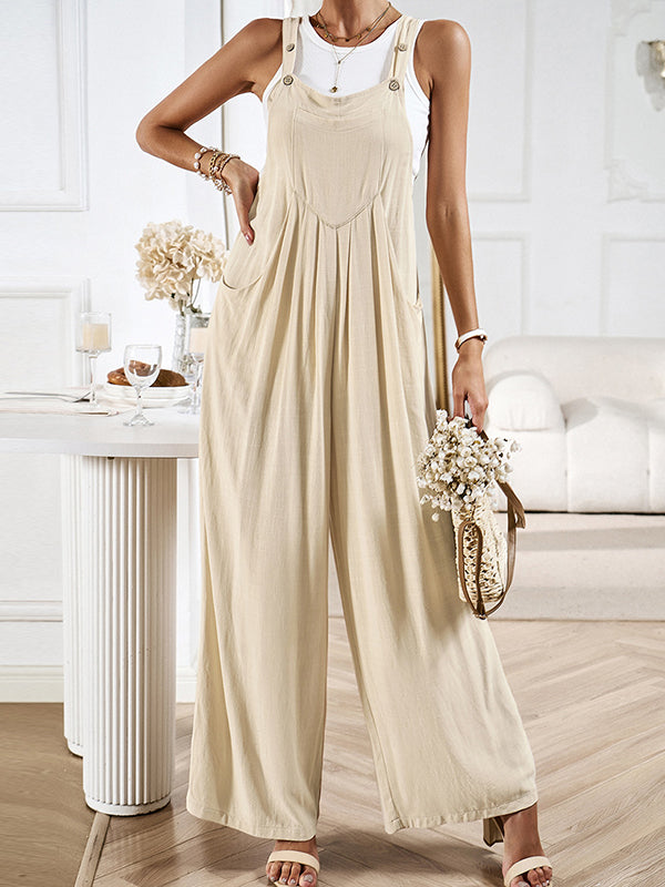 Loose Sleeveless Pleated Pockets Split-Joint Spaghetti-Neck Overalls