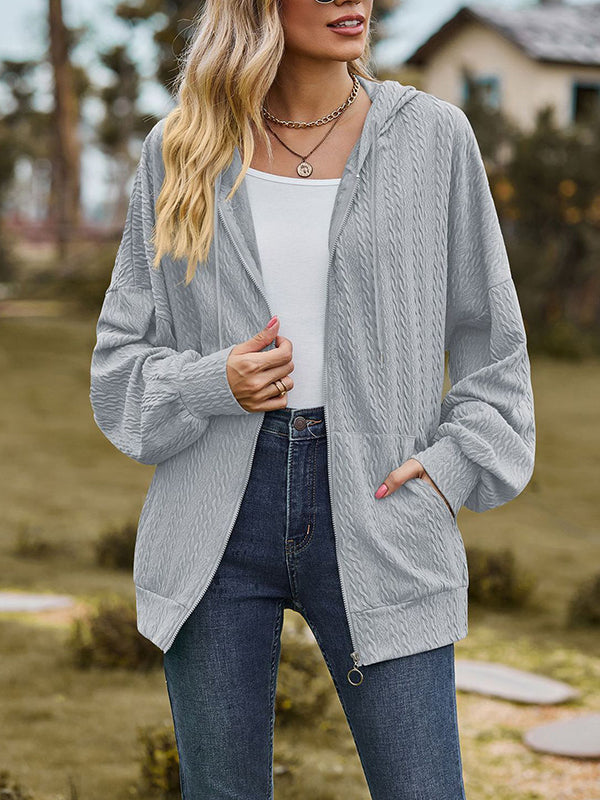 Long Sleeves Loose Drawstring Hooded Pockets Solid Color Zipper V-Neck Outerwear