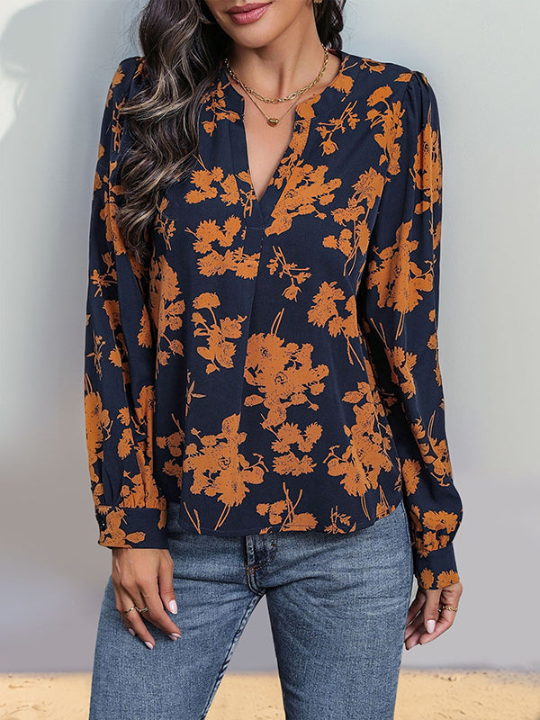 Long Sleeves Loose Flower Print Pleated Split-Joint V-Neck Blouses&Shirts Tops