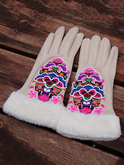 Women Artsy Winter Embroidery Fleece-lined Gloves
