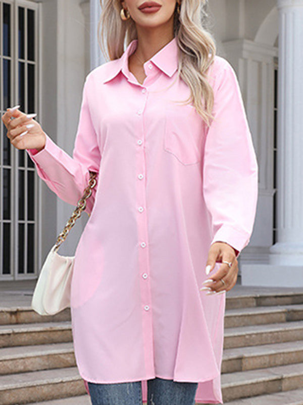 High-Low Irregular Clipping Solid Color Split-Joint Lapel Blouses