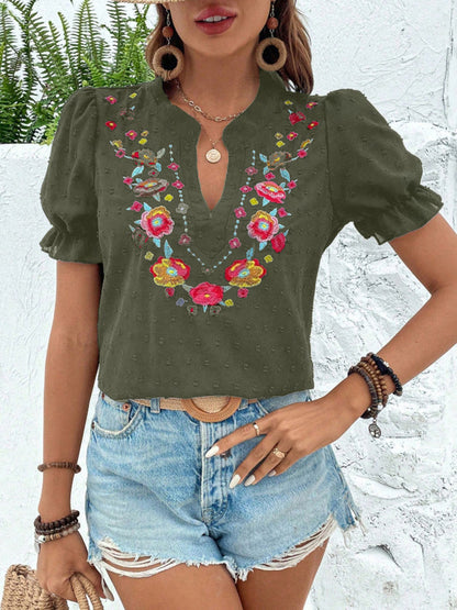 Loose Puff Sleeves Flower-Embellished Contrast Color Jacquard Pleated Ruffled Split-Joint V-Neck Blouses&Shirts Tops