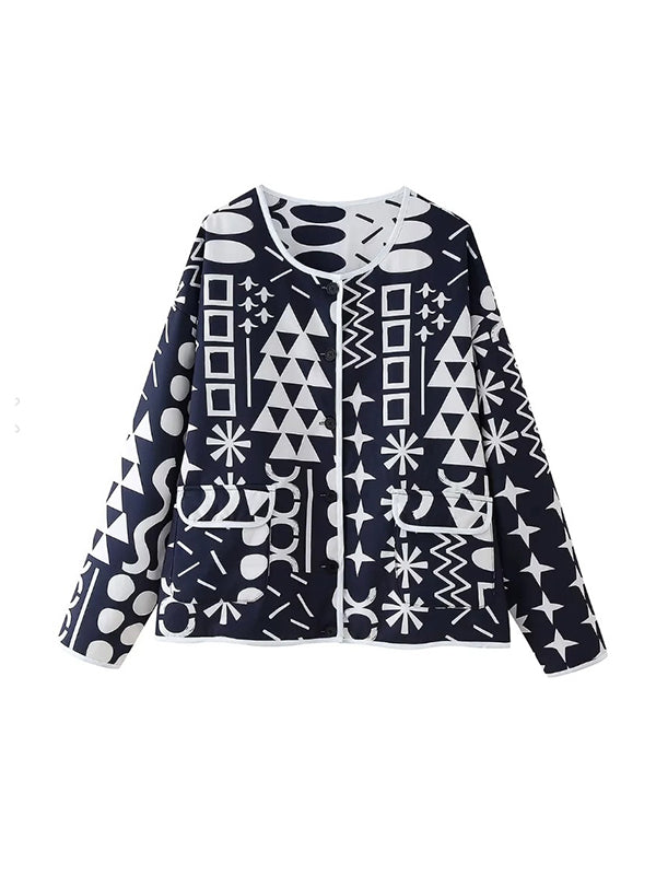 Long Sleeves Loose Contrast Color Printed Reversible Split-Joint Outerwear