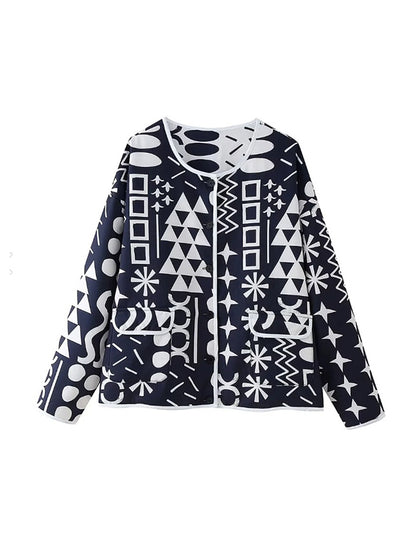 Long Sleeves Loose Contrast Color Printed Reversible Split-Joint Outerwear