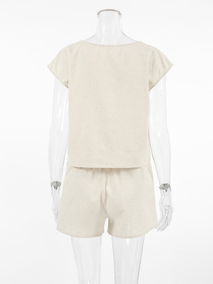 Loose Sleeveless Solid Color Split-Joint Round-Neck Vest Top + Elasticity Shorts Bottom Two Pieces Set
