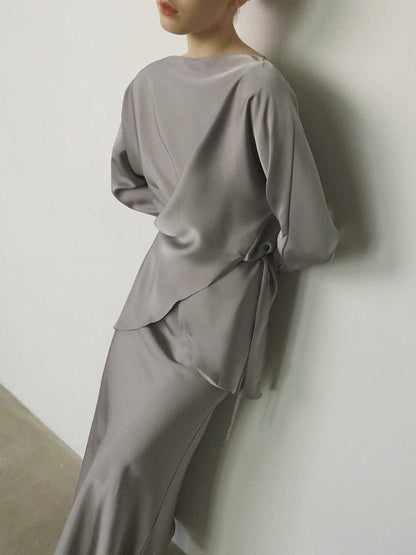 Loose Solid Color Split-Joint Boat Neck Long Sleeves Blouse & Shirt + Skirt Two Pieces Set