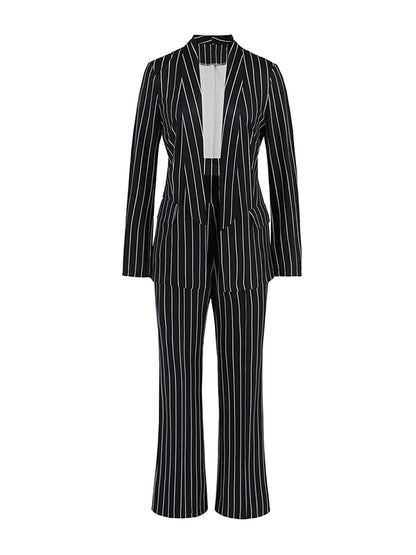 Long Sleeves Striped Lapel Blazer Top + Wide Leg Pants Bottom Two Pieces Set