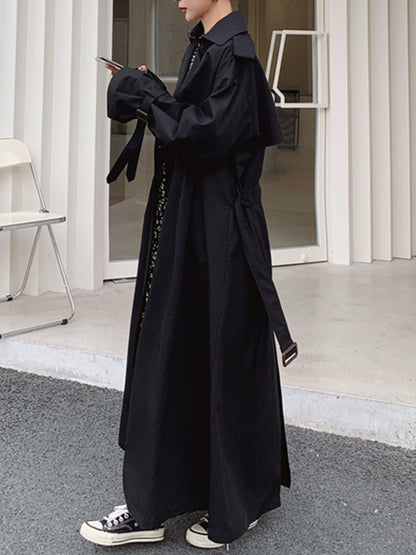 Long Sleeves Loose Buckle Buttoned Solid Color Split-Back Lapel Trench Coats
