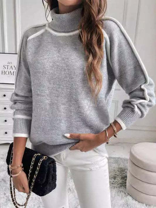 Long Sleeves Loose Contrast Color Split-Joint High Neck Sweater Tops