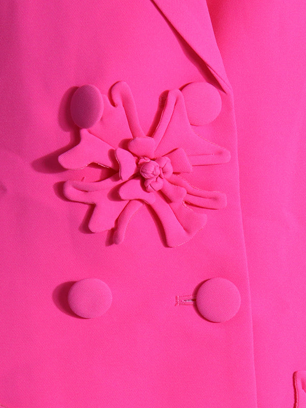 Long Sleeves Flower-Embellished Solid Color Lapel Blazer Outerwear