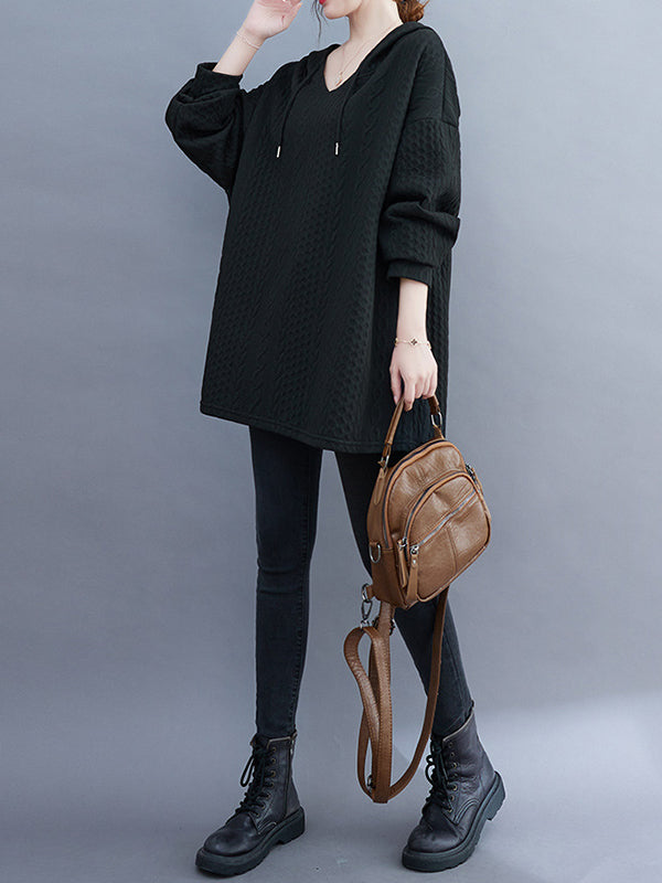 Hooded Long Sleeves Drawstring Jacquard Solid Color Split-Joint Hoodies Tops