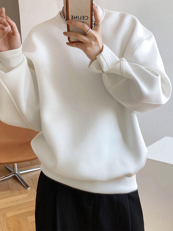 Long Sleeves Loose Solid Color Round-Neck Sweatshirt Tops