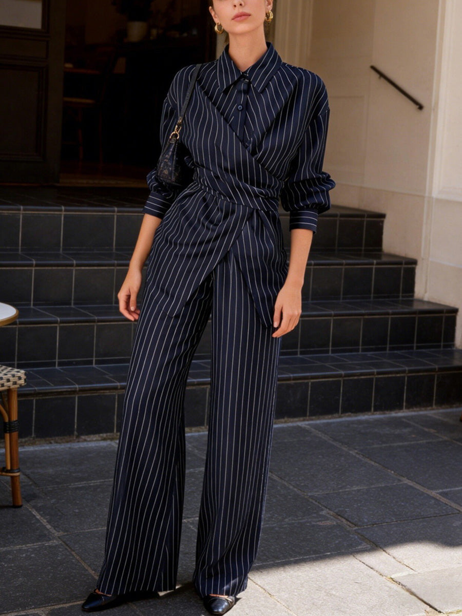 Striped Lapel Irregular Buttoned Wrap Tied Waist Blouse Tops + High Waist Wide Leg Trousers Bottoms Two Pieces Set