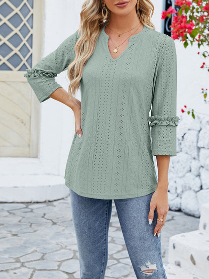 Loose Three-Quarter Sleeves Jacquard Solid Color V-Neck T-Shirts Tops