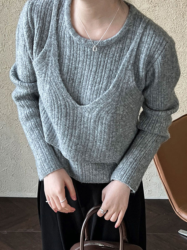 False Two Long Sleeves Solid Color Round-Neck Pullovers Sweater Tops