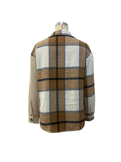 Long Sleeves Loose Buttoned Plaid Lapel Outerwear